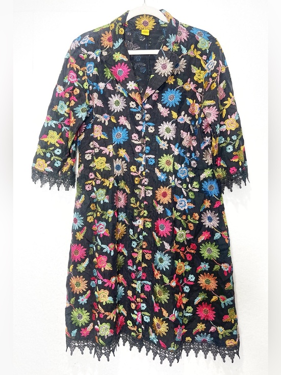 ohm Jackets & Blazers - Ohm Hand Embroidered Floral Duster Coat Black Silk Lace Trim Boho Art Wear Rare